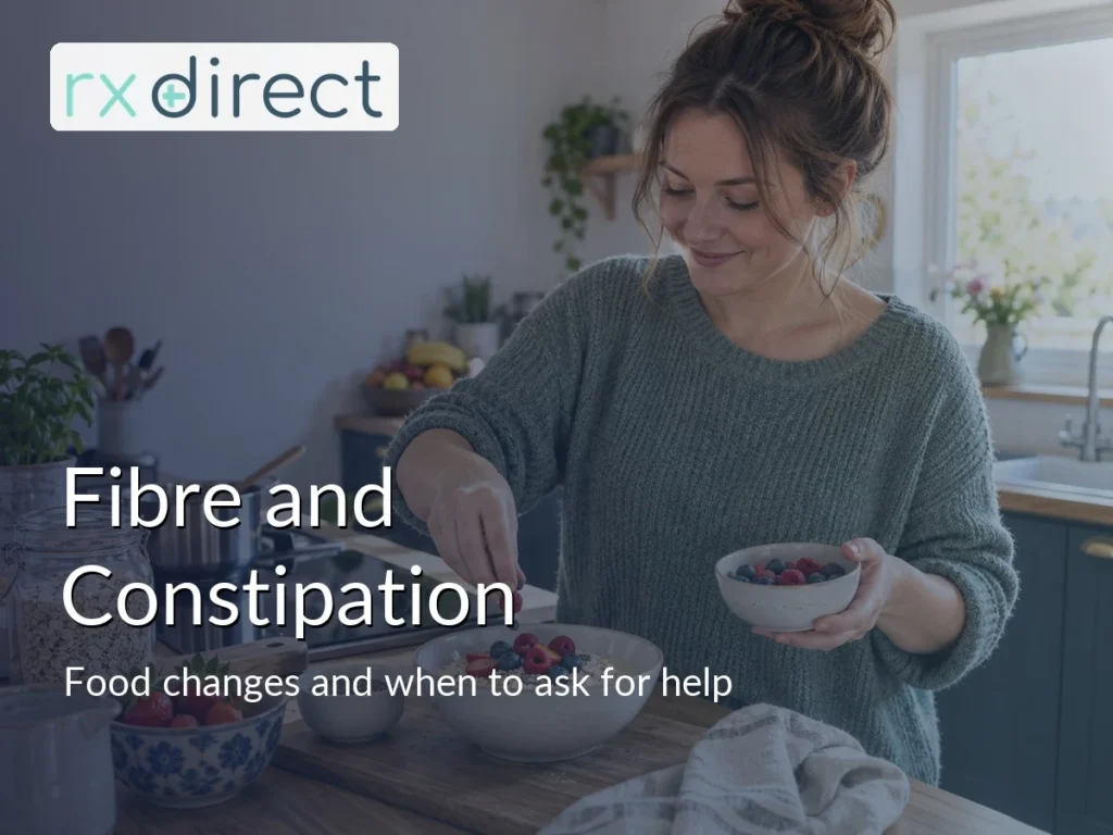 Woman making porridge with berries and oats at home, with the RX Direct logo