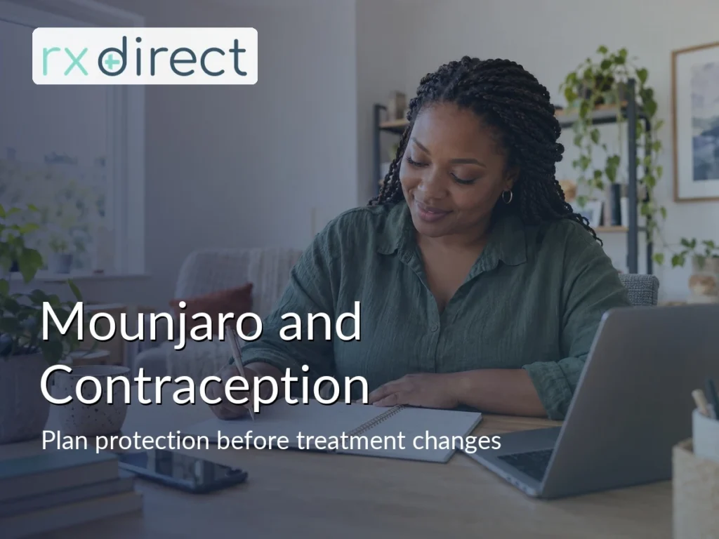 Woman in her thirties writing in a blank calendar at a home desk with no medicine present, with the RX Direct logo