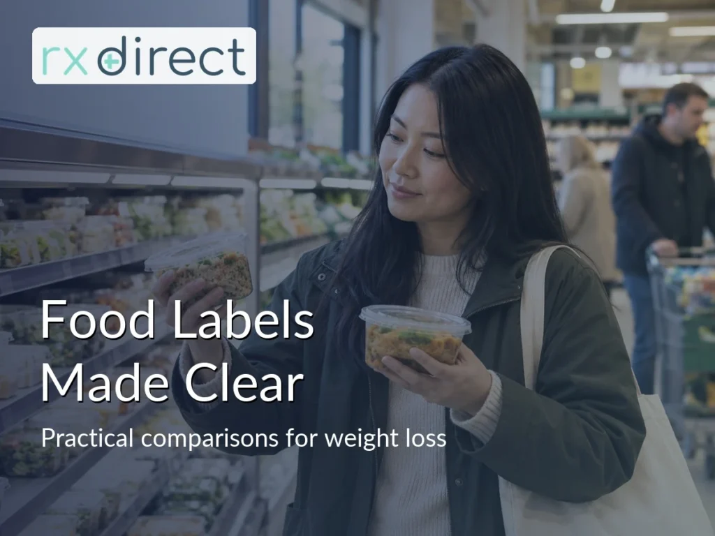 Woman comparing plain food tubs in a supermarket aisle with no readable labels, with the RX Direct logo