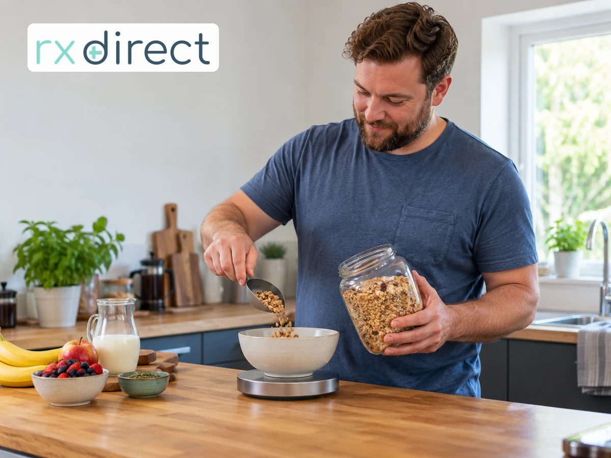 Man serving cereal into a bowl from a plain glass jar in a kitchen, with the RX Direct logo