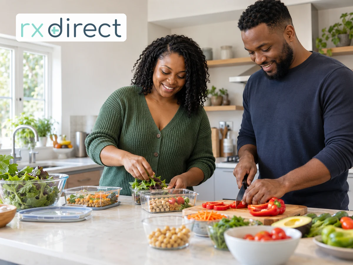 Couple preparing a balanced packed lunch at a kitchen counter, with the RX Direct logo