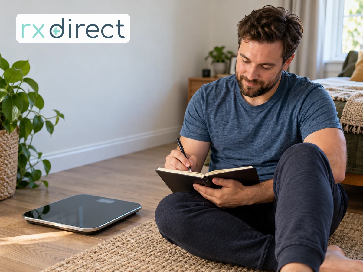 Man recording personal progress in a blank notebook beside a home scale, with the RX Direct logo