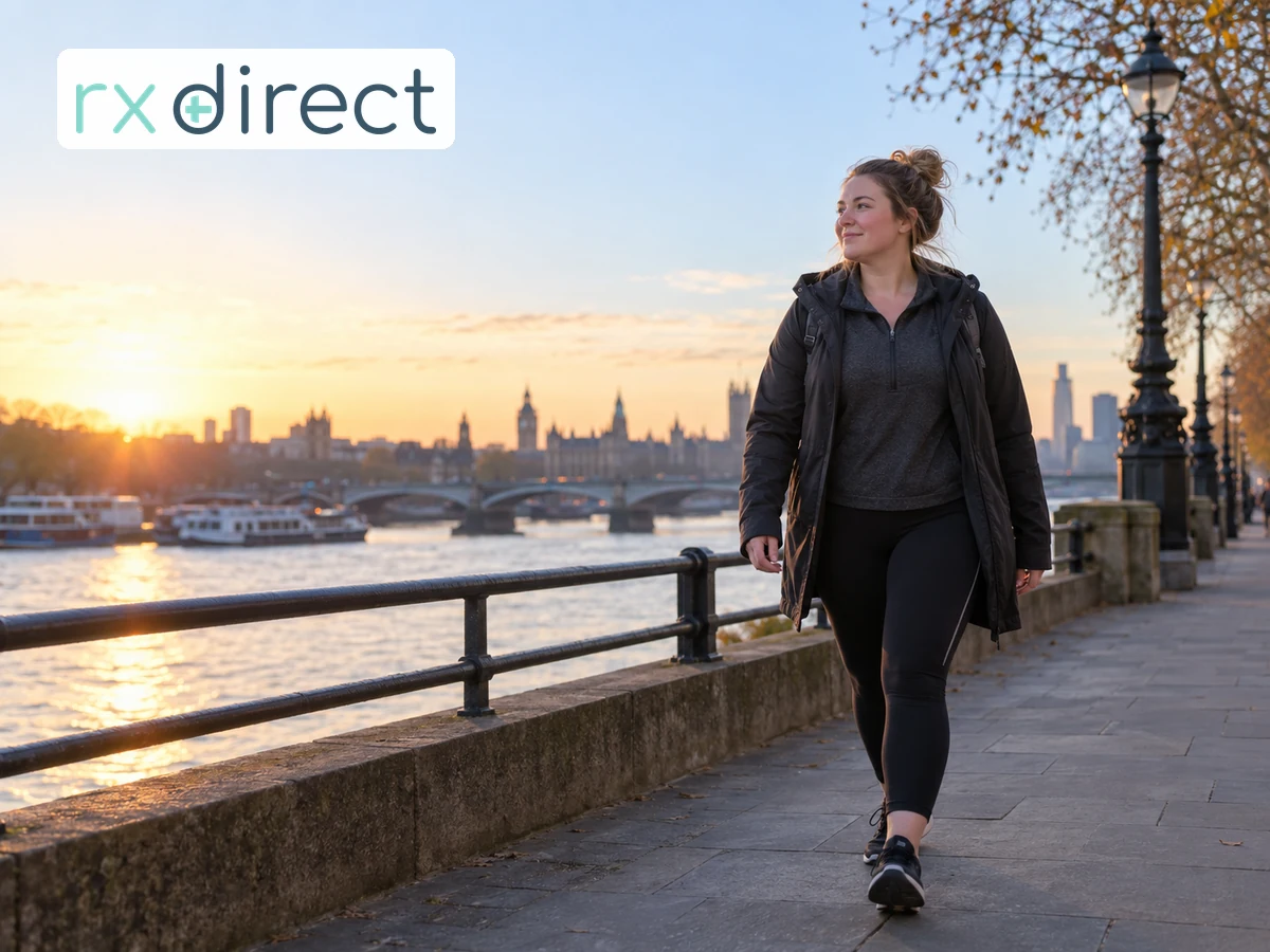 Woman taking a quiet early morning walk after work, with the RX Direct logo