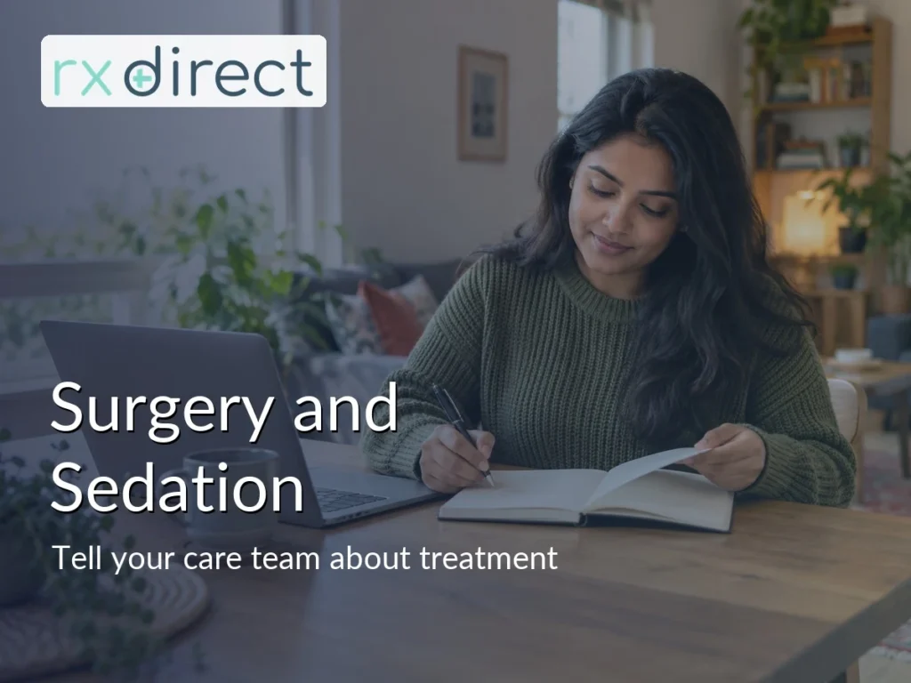 Woman reviewing a blank notebook beside a laptop at home with no visible interface, with the RX Direct logo
