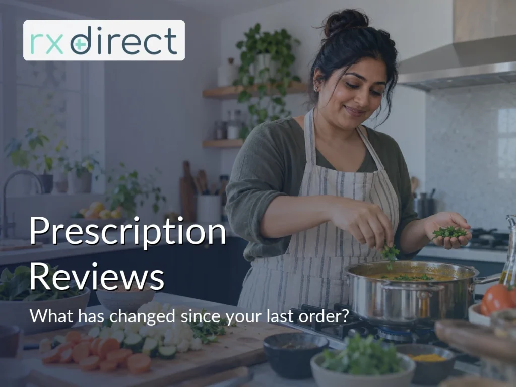 Woman preparing lentil dal and vegetables in a bright kitchen, with the RX Direct logo