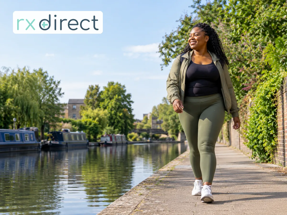 Woman in comfortable trainers walking beside a canal in daylight, with the RX Direct logo