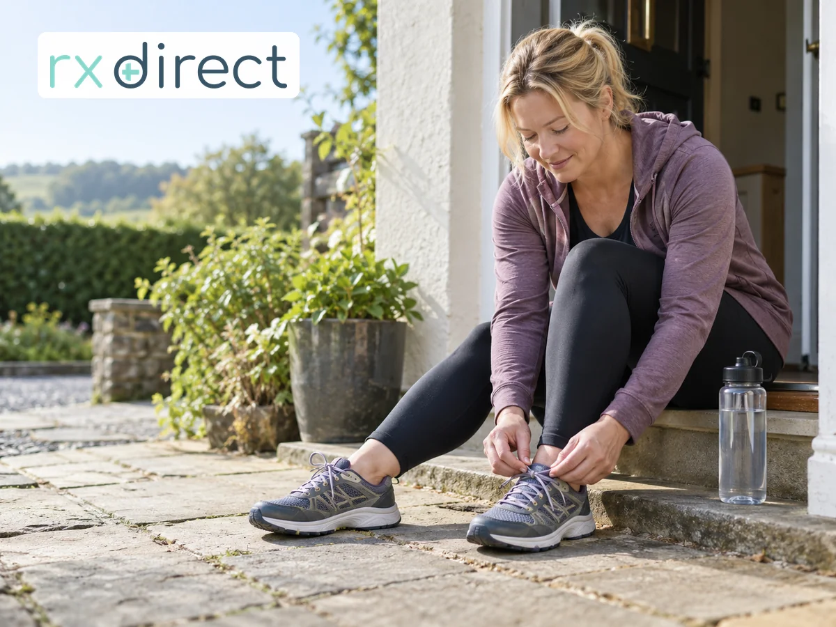 Adult tying walking shoes beside a doorway with an unlabelled water bottle, with the RX Direct logo