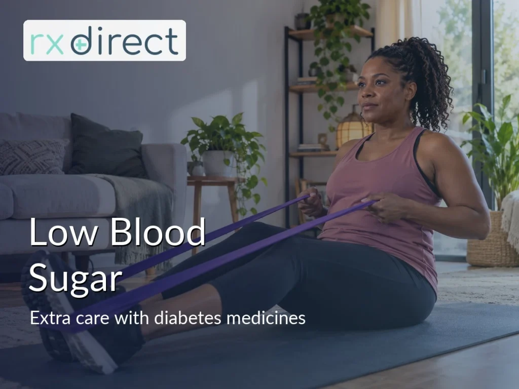 Woman in her forties performing a controlled resistance-band row at home, with the RX Direct logo