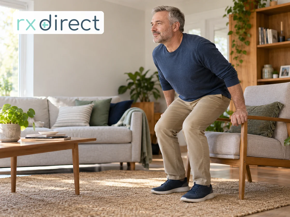 Man doing a supported sit-to-stand beside a sturdy chair, with the RX Direct logo