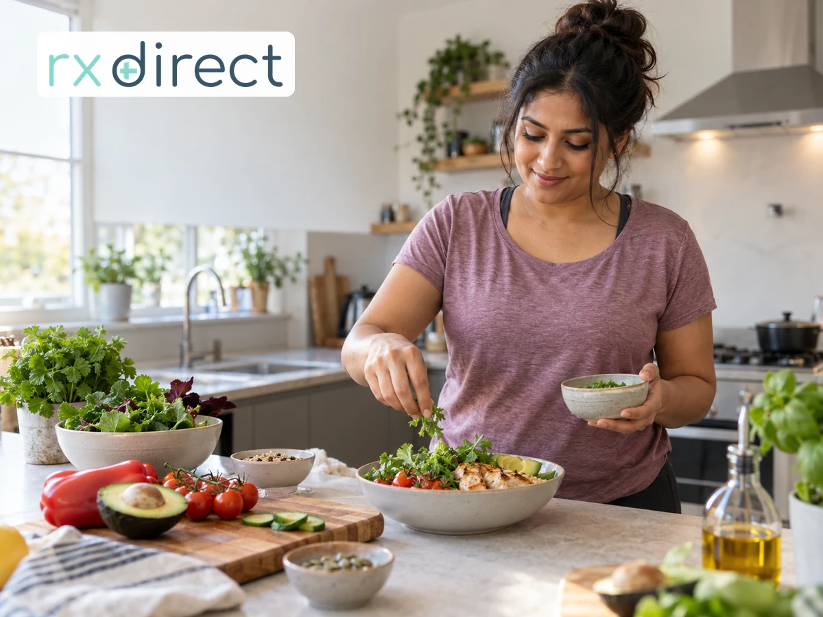 Adult preparing a balanced post-activity lunch, with the RX Direct logo